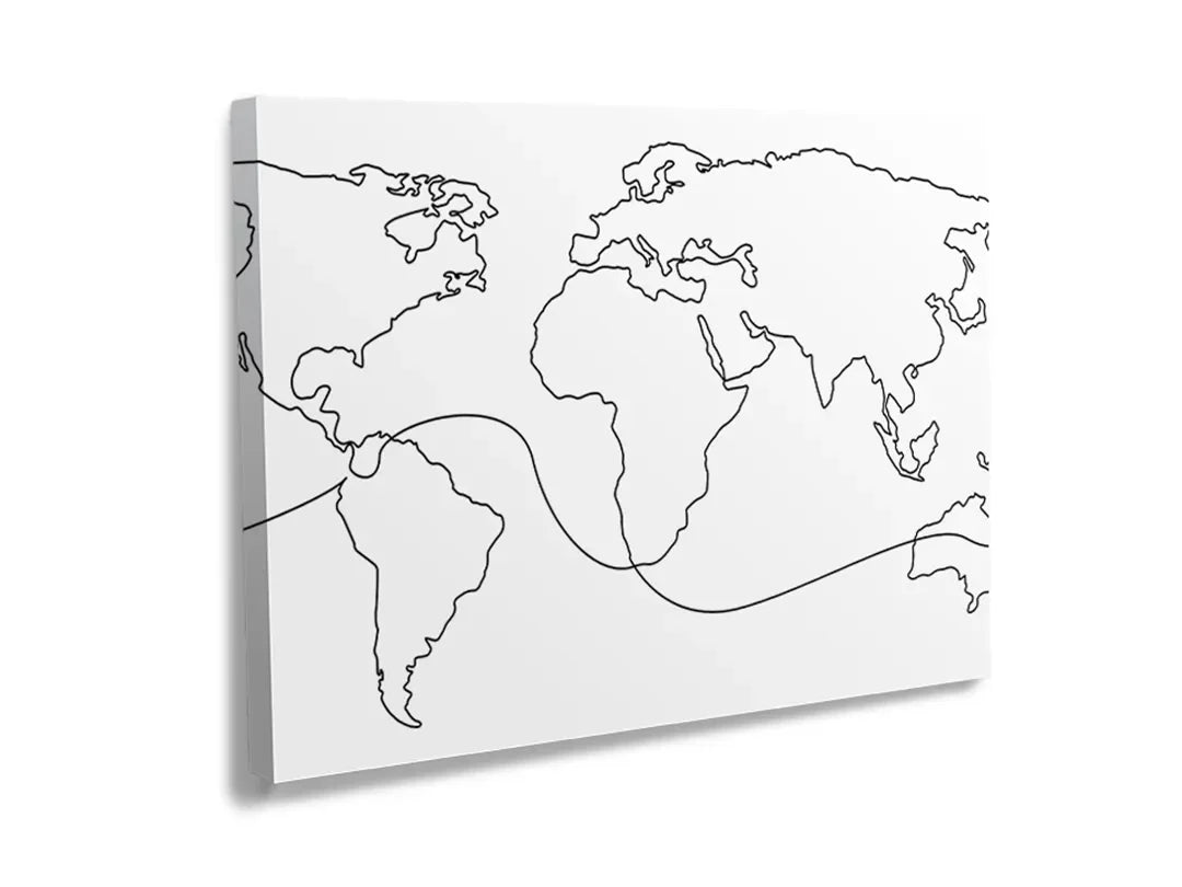 Metalen magneetbord met een wereldkaart in lijntekeningen.