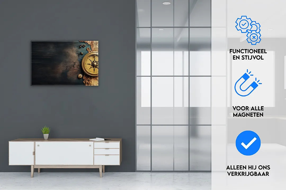 Metalen magneetbord met wereldkaart en kompas – droog uitwisbaar & magnetisch