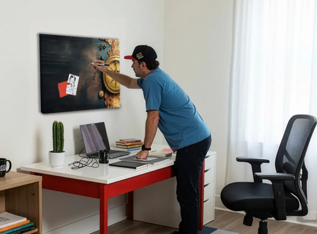 Metalen magneetbord met wereldkaart en kompas – droog uitwisbaar & magnetisch