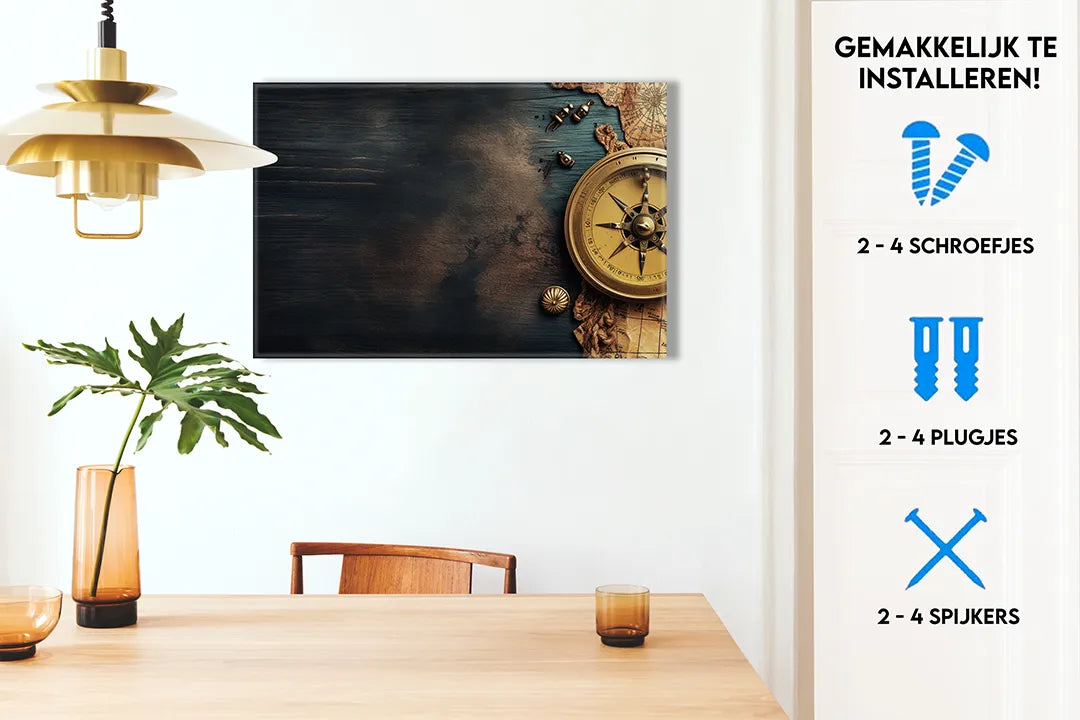 Metalen magneetbord met wereldkaart en kompas – droog uitwisbaar & magnetisch