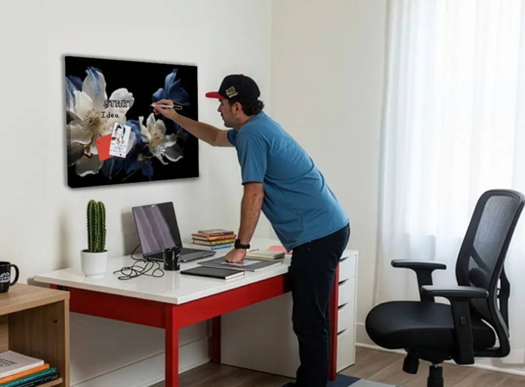 Elegant metalen magneetbord met bloemen – droog uitwisbaar & magnetisch