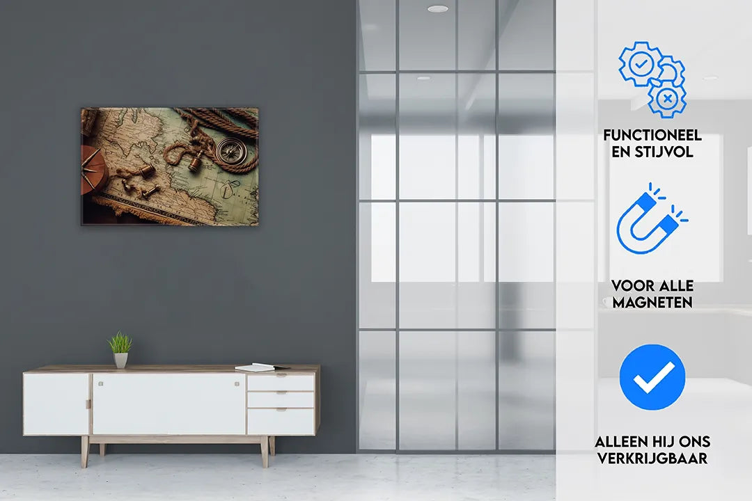 Metalen magneetbord met vintage wereldkaart en zeebehoren – droog uitwisbaar & magnetisch