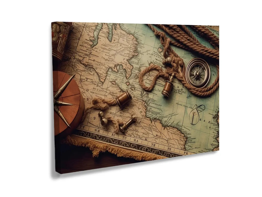 Metalen magneetbord met een vintage wereldkaart en zeebehoren