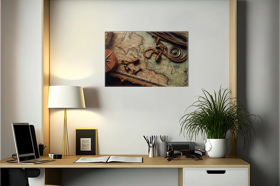 Metalen magneetbord met vintage wereldkaart en zeebehoren – droog uitwisbaar & magnetisch