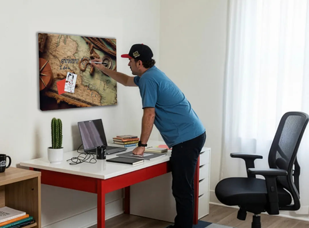 Metalen magneetbord met vintage wereldkaart en zeebehoren – droog uitwisbaar & magnetisch