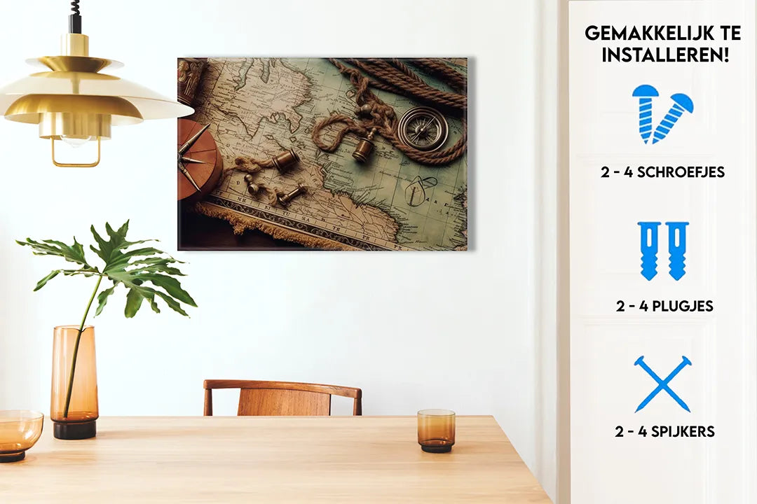 Metalen magneetbord met vintage wereldkaart en zeebehoren – droog uitwisbaar & magnetisch