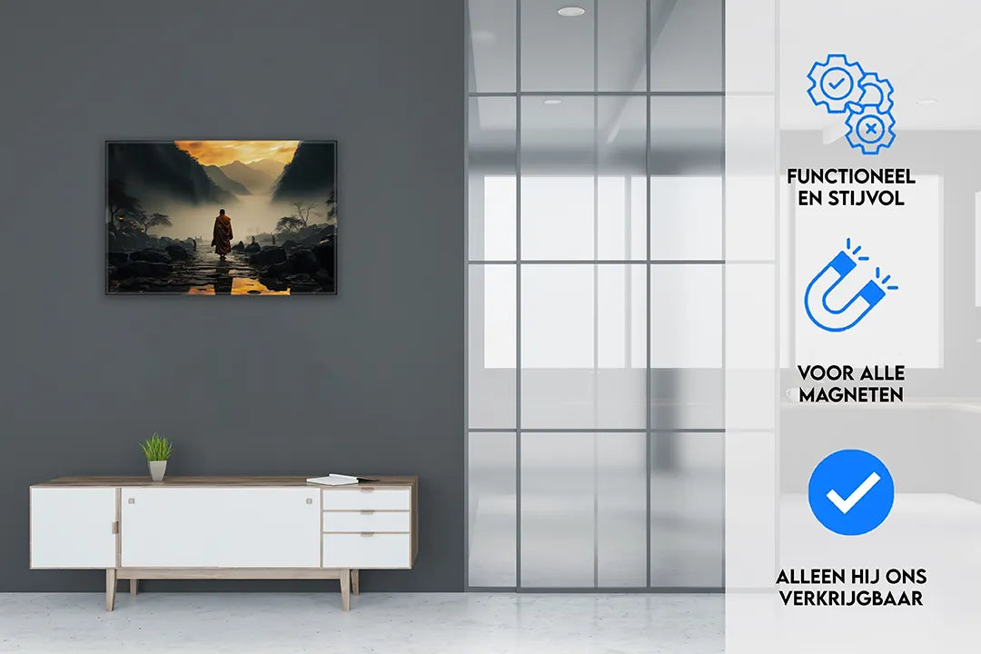 Metalen magneetbord met serene monnik in de natuur – droog uitwisbaar & magnetisch