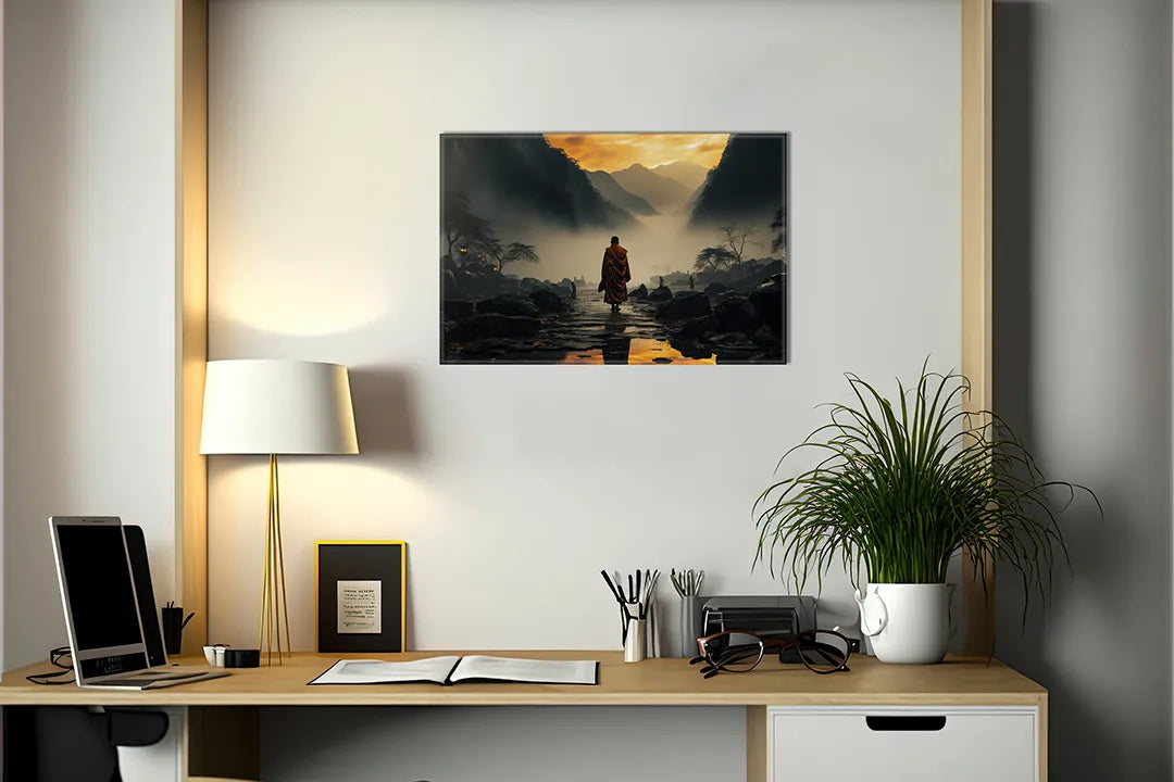 Metalen magneetbord met serene monnik in de natuur – droog uitwisbaar & magnetisch