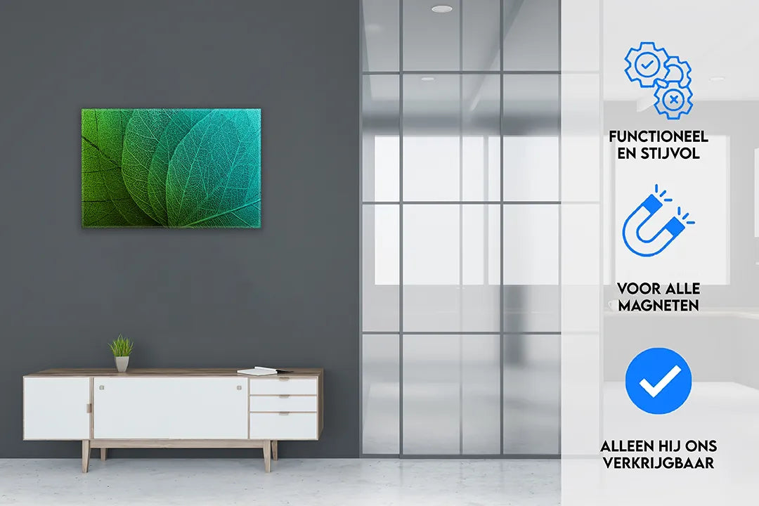 Metalen magneetbord met natuurlijke bladeren in groentinten – droog uitwisbaar & magnetisch