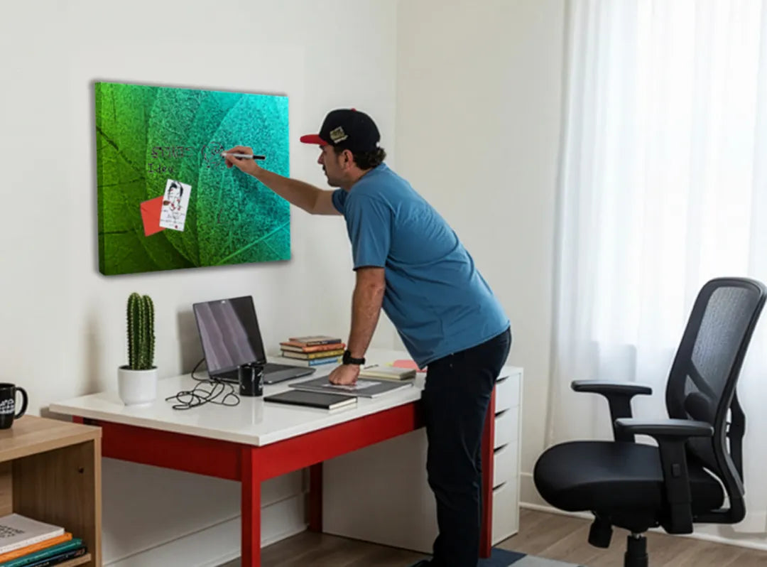 Metalen magneetbord met natuurlijke bladeren in groentinten – droog uitwisbaar & magnetisch