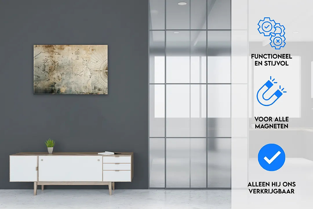 Vintage Aluminium Magneetbord met Wereldkaart – droog uitwisbaar & magnetisch