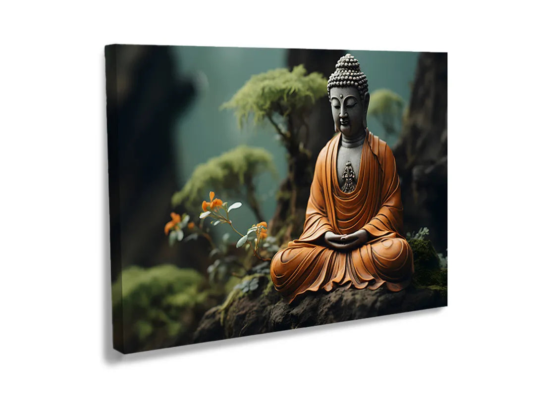 Metalen bord met een boeddha en bloemen in een serene setting