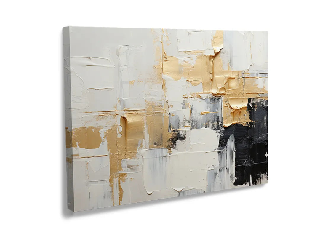 Metalen bord met abstracte kunst in goud, zwart en wit