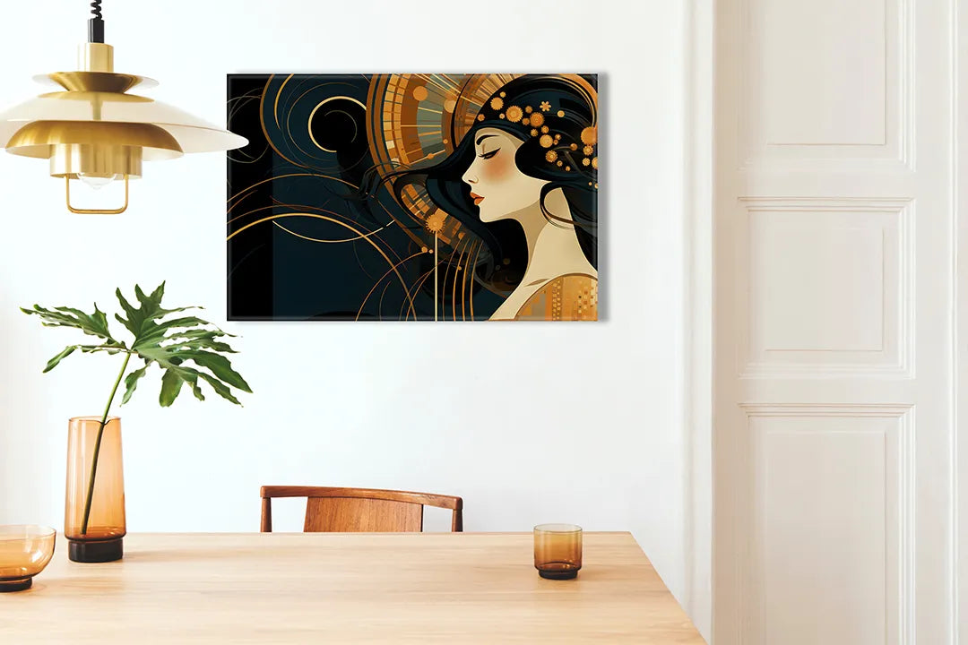 Metalen magneetbord met artistieke vrouw in zwart en goud – droog uitwisbaar & magnetisch