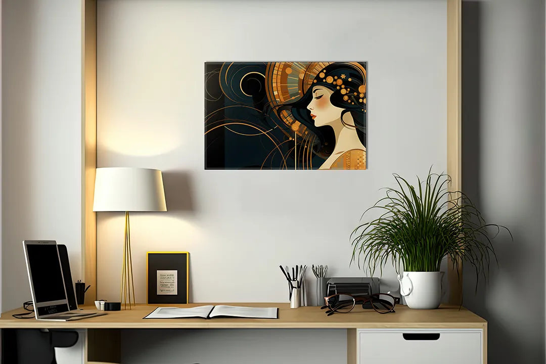 Metalen magneetbord met artistieke vrouw in zwart en goud – droog uitwisbaar & magnetisch