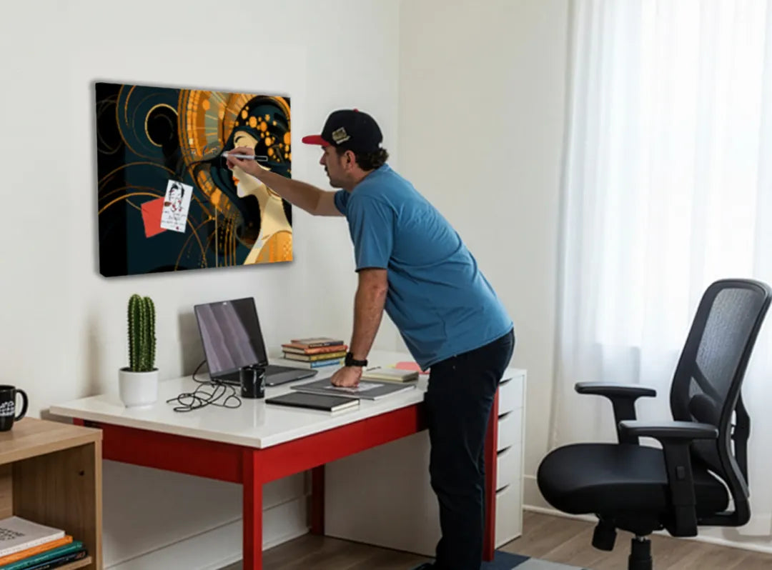 Metalen magneetbord met artistieke vrouw in zwart en goud – droog uitwisbaar & magnetisch