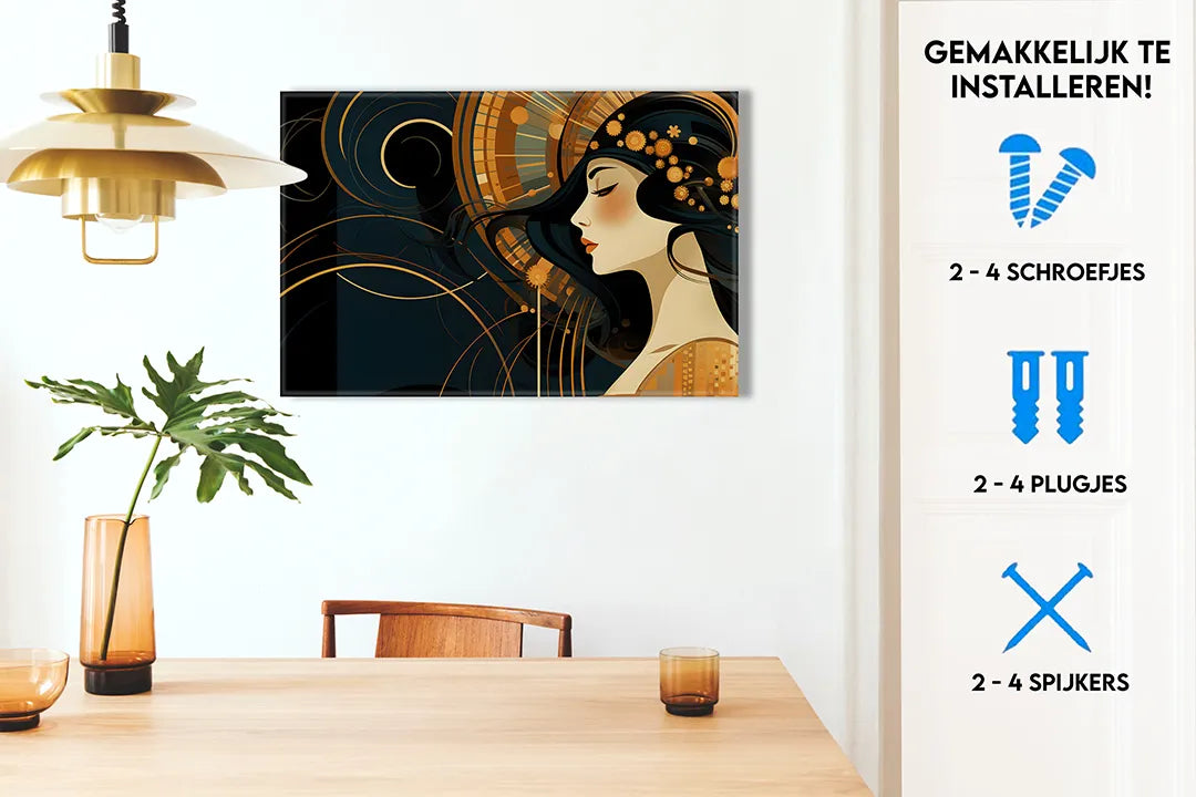 Metalen magneetbord met artistieke vrouw in zwart en goud – droog uitwisbaar & magnetisch