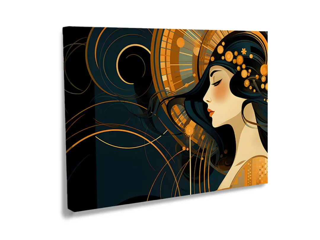 Artistiek metalen bord met een vrouw in zwart en goud