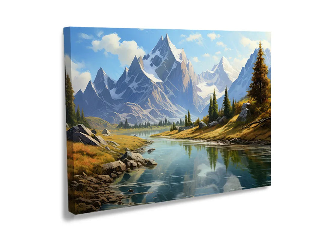 Metalen bord met een prachtig berglandschap en een serene rivier.