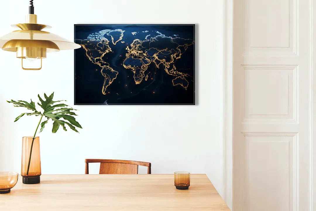 Metalen magneetbord wereldkaart met gouden lijnen - droog uitwisbaar & magnetisch