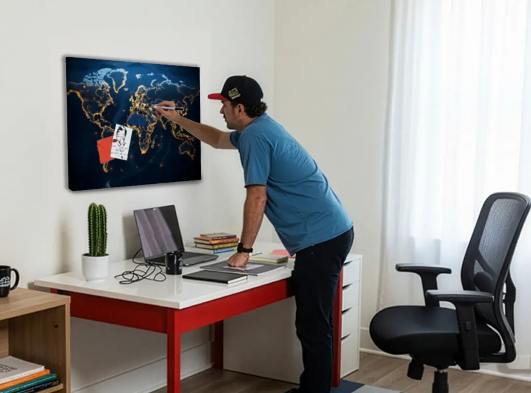 Metalen magneetbord wereldkaart met gouden lijnen - droog uitwisbaar & magnetisch