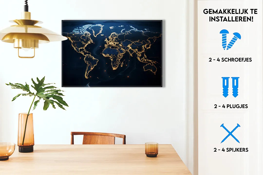 Metalen magneetbord wereldkaart met gouden lijnen - droog uitwisbaar & magnetisch