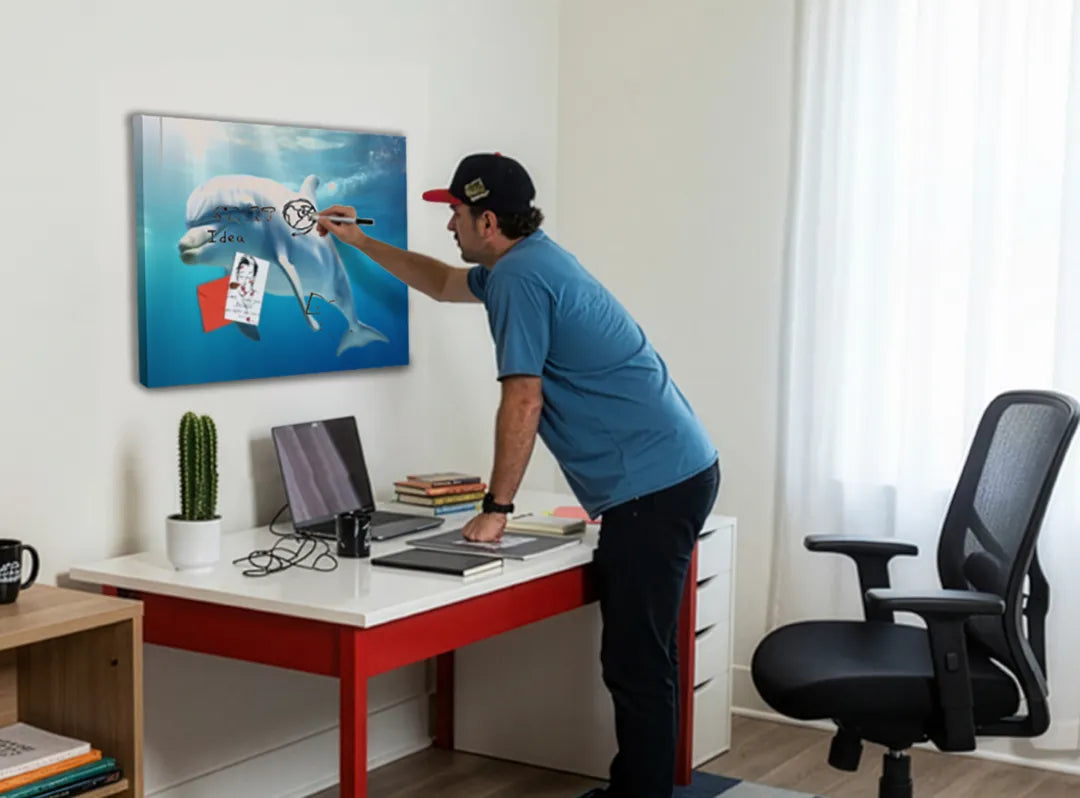 Metalen magneetbord met een speelse dolfijn - droog uitwisbaar & magnetisch