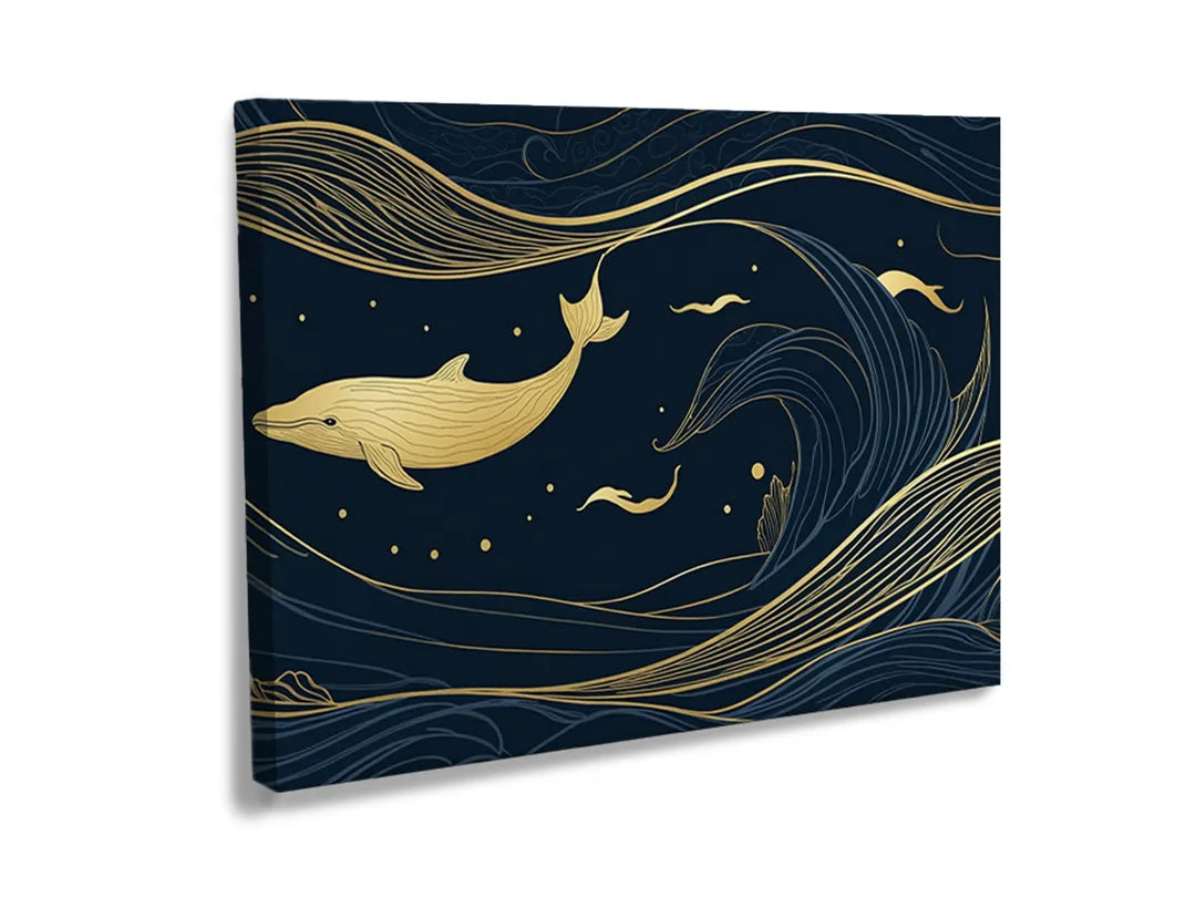 Metalen magneetbord met een walvis en golven op een blauwe achtergrond