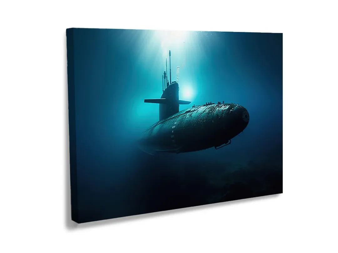 Metalen bord met afbeelding van een onderzeeboot in de diepzee