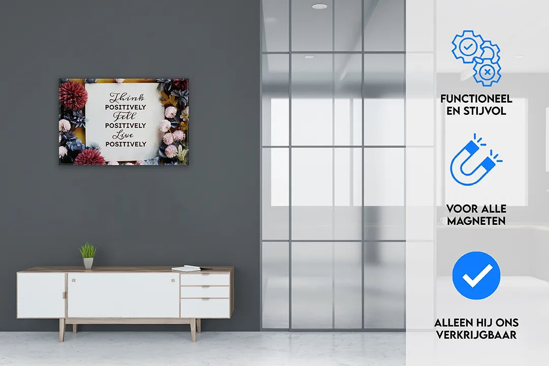 Metalen magneetbord met positieve boodschap en bloemen - droog uitwisbaar & magnetisch
