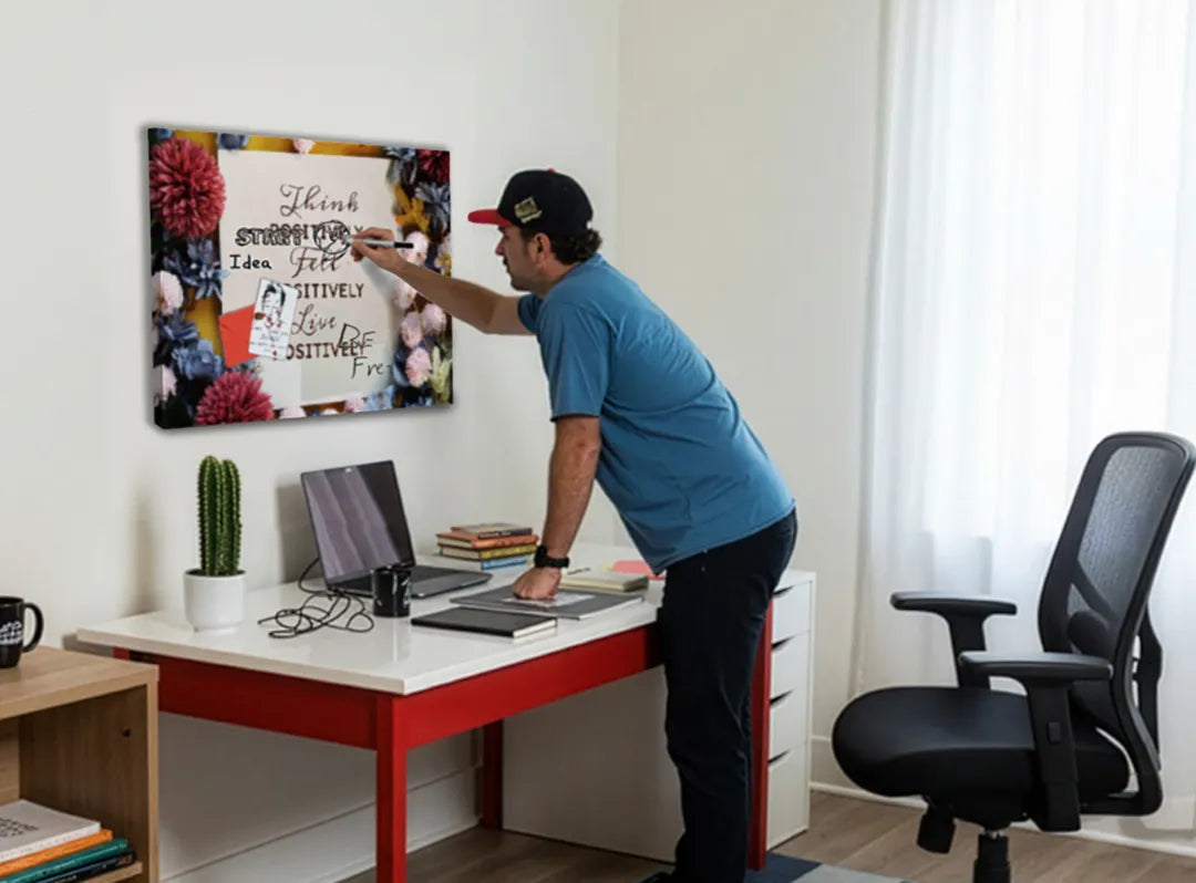 Metalen magneetbord met positieve boodschap en bloemen - droog uitwisbaar & magnetisch