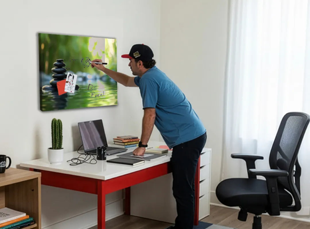 Stijlvol metalen magneetbord met zen stenen – droog uitwisbaar & magnetisch