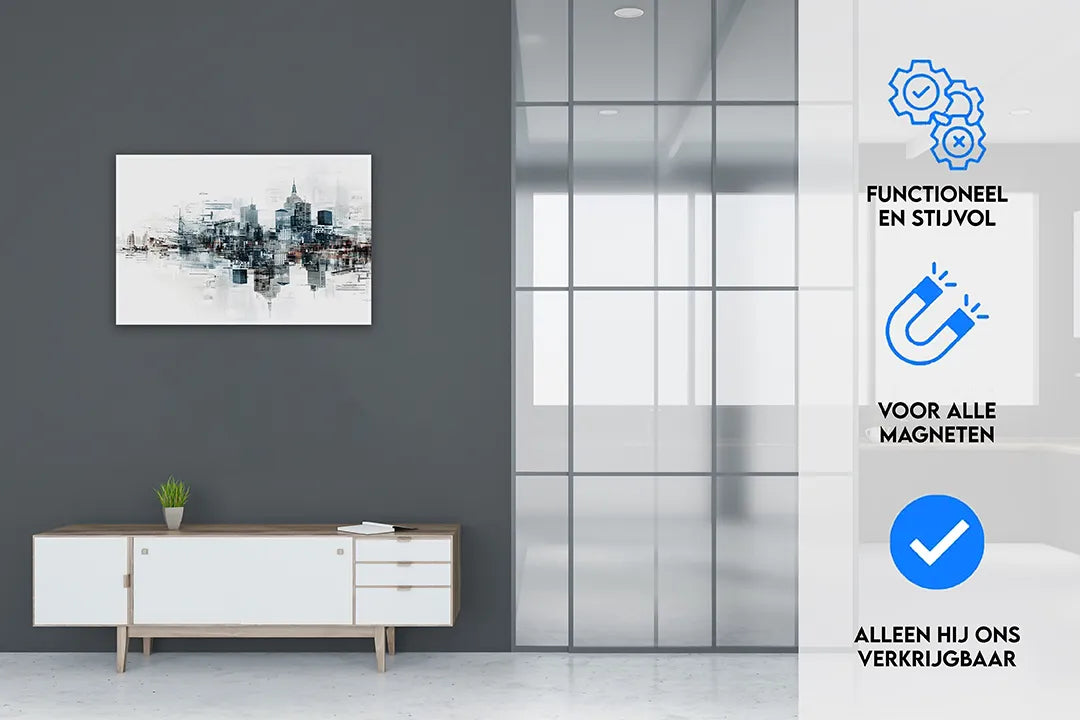Stedelijk Metalen Magneetbord – Moderne Skyline – droog uitwisbaar & magnetisch