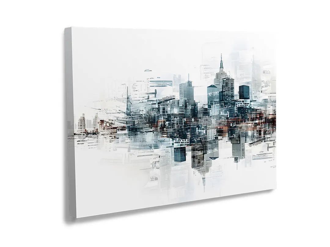 Metalen bord met abstracte skyline van een stad, functioneel als magneetbord.