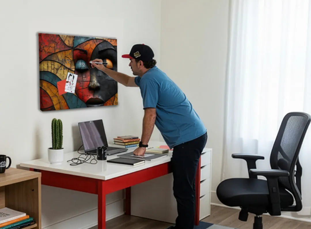 Elegante metalen magneetbord met abstract gezicht – droog uitwisbaar & magnetisch