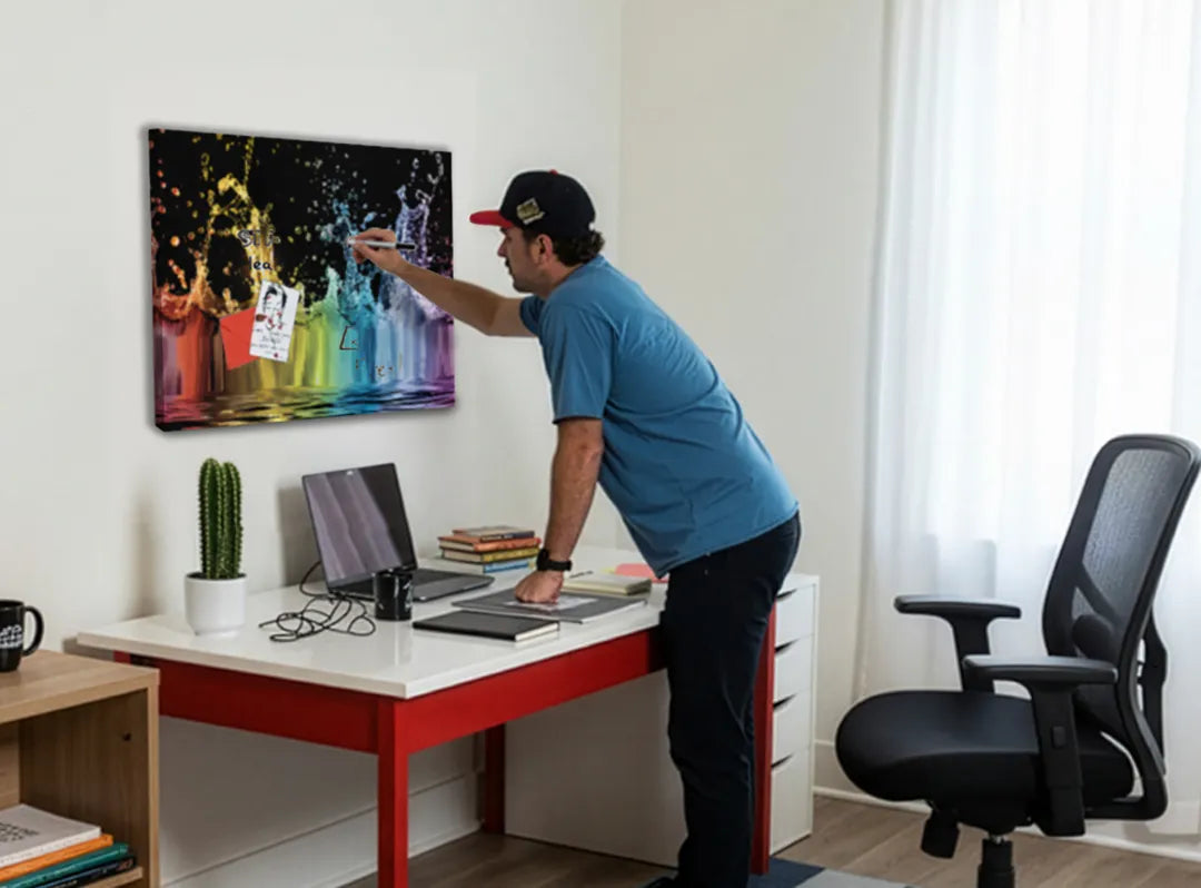Kleurrijk metalen magneetbord met waterdruppels – droog uitwisbaar & magnetisch