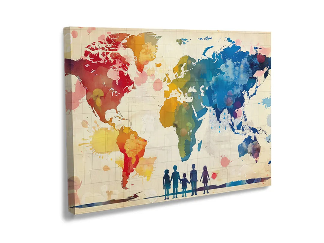 Kleurrijk metalen magneetbord met wereldkaart als wanddecoratie.