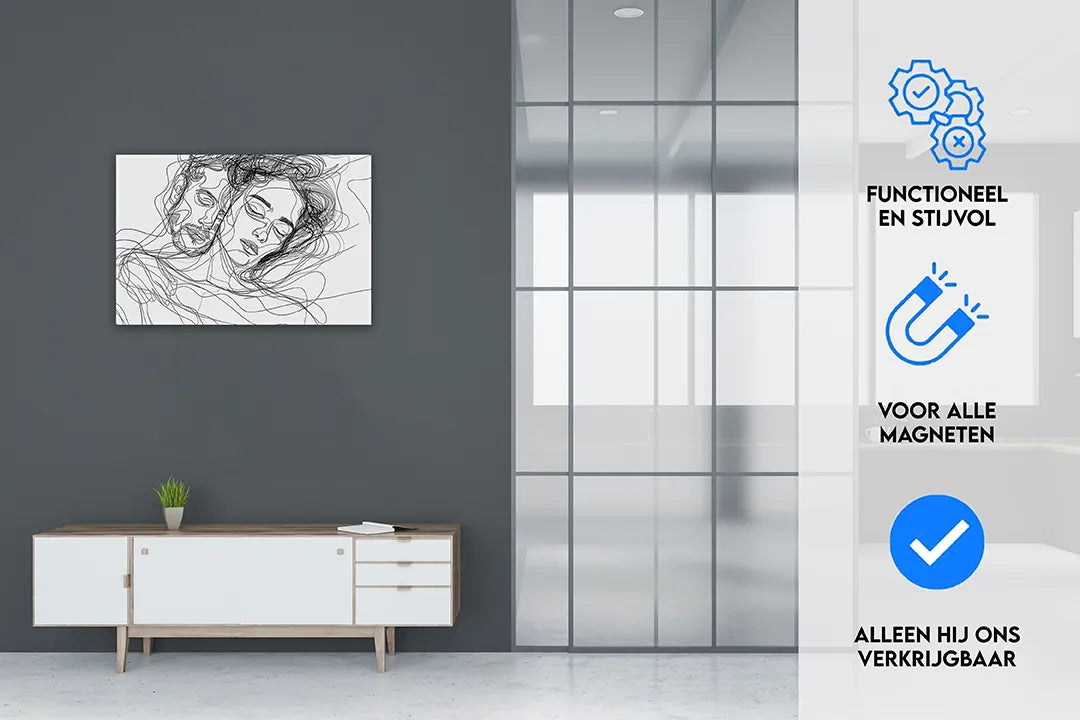 Mooi metalen magneetbord met lijntekening – droog uitwisbaar & magnetisch