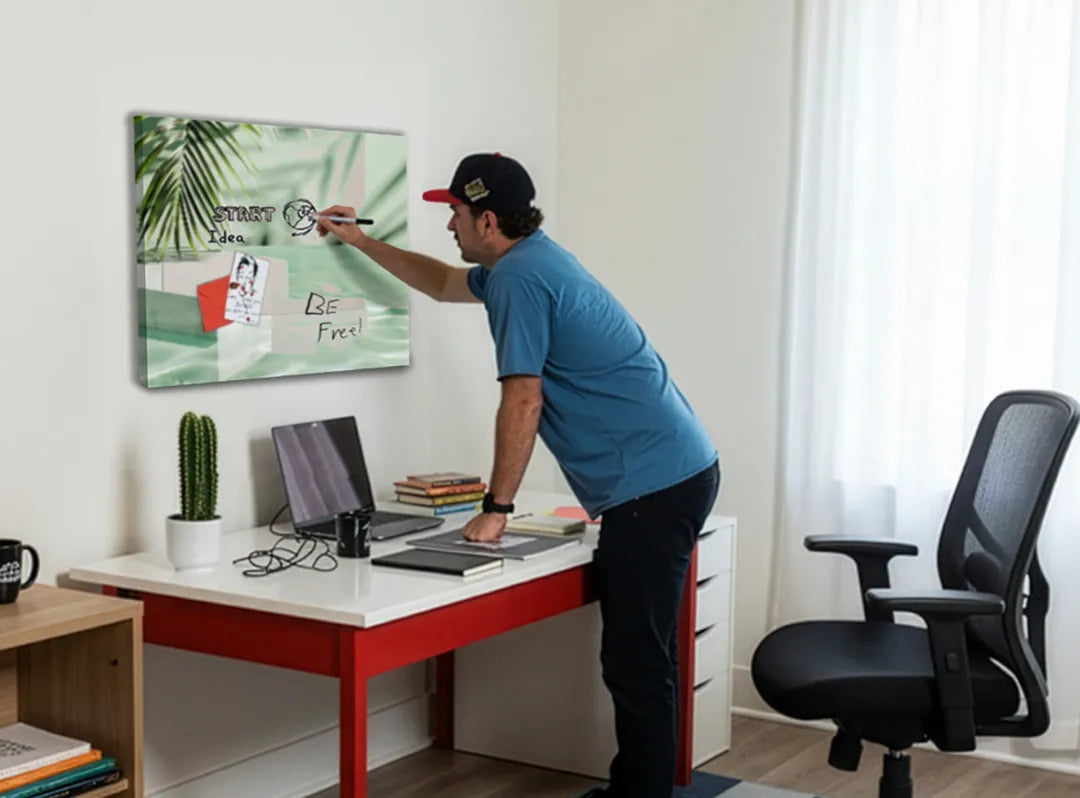Stylish metalen magneetbord met groene palmbladeren - droog uitwisbaar & magnetisch