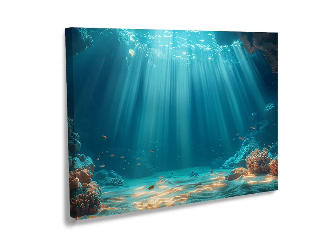 Metalen magneetbord met een serene onderwaterwereld en lichtstralen.