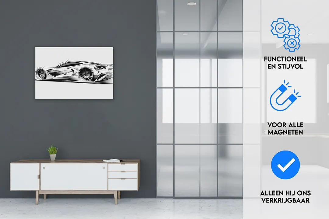 Stijlvol metalen magneetbord met sportwagen design – droog uitwisbaar & magnetisch