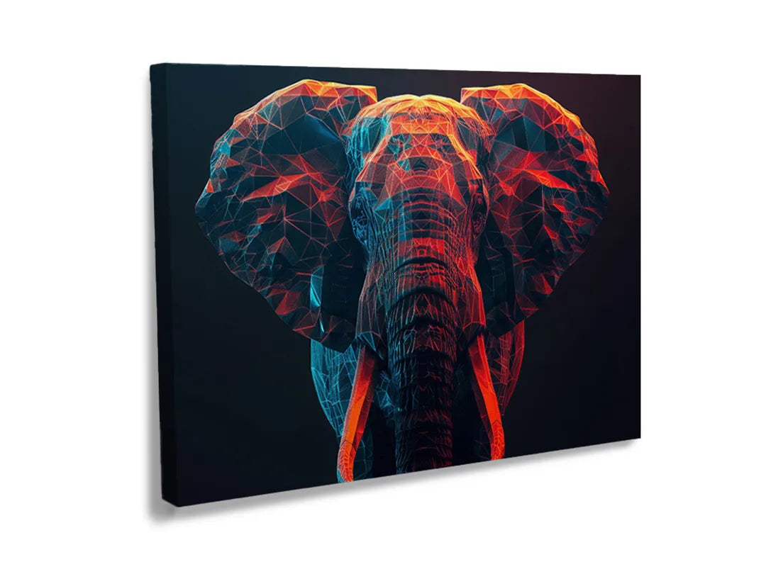 Metalen bord met abstracte olifantenontwerp in opvallende kleuren.