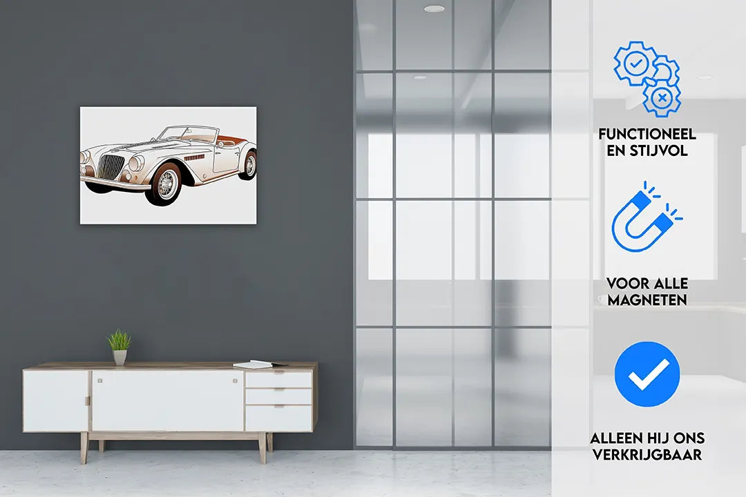 Elegante metalen magneetbord met klassieke auto afbeelding – droog uitwisbaar & magnetisch