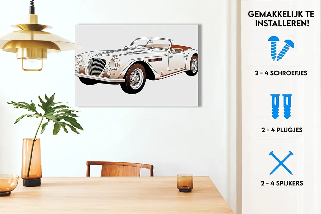 Elegante metalen magneetbord met klassieke auto afbeelding – droog uitwisbaar & magnetisch