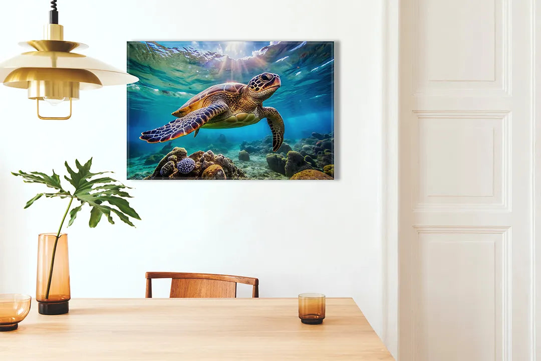 Metalen magneetbord met een zeeschildpad in helder water - droog uitwisbaar & magnetisch