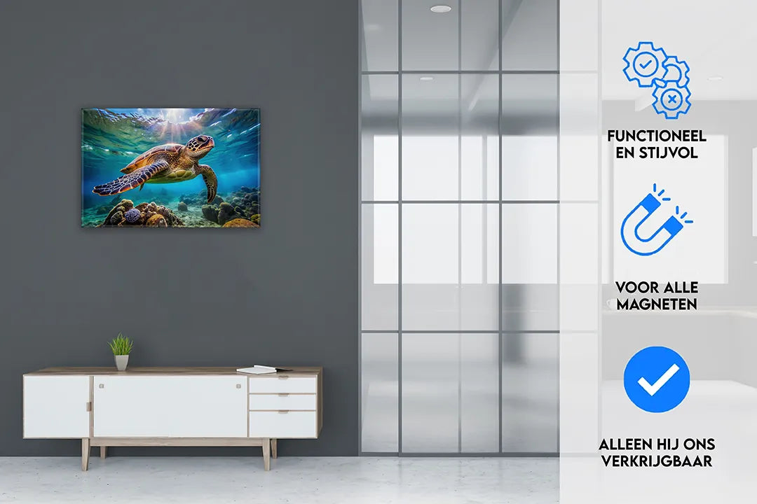 Metalen magneetbord met een zeeschildpad in helder water - droog uitwisbaar & magnetisch