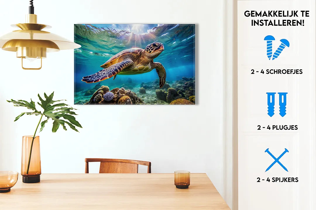 Metalen magneetbord met een zeeschildpad in helder water - droog uitwisbaar & magnetisch