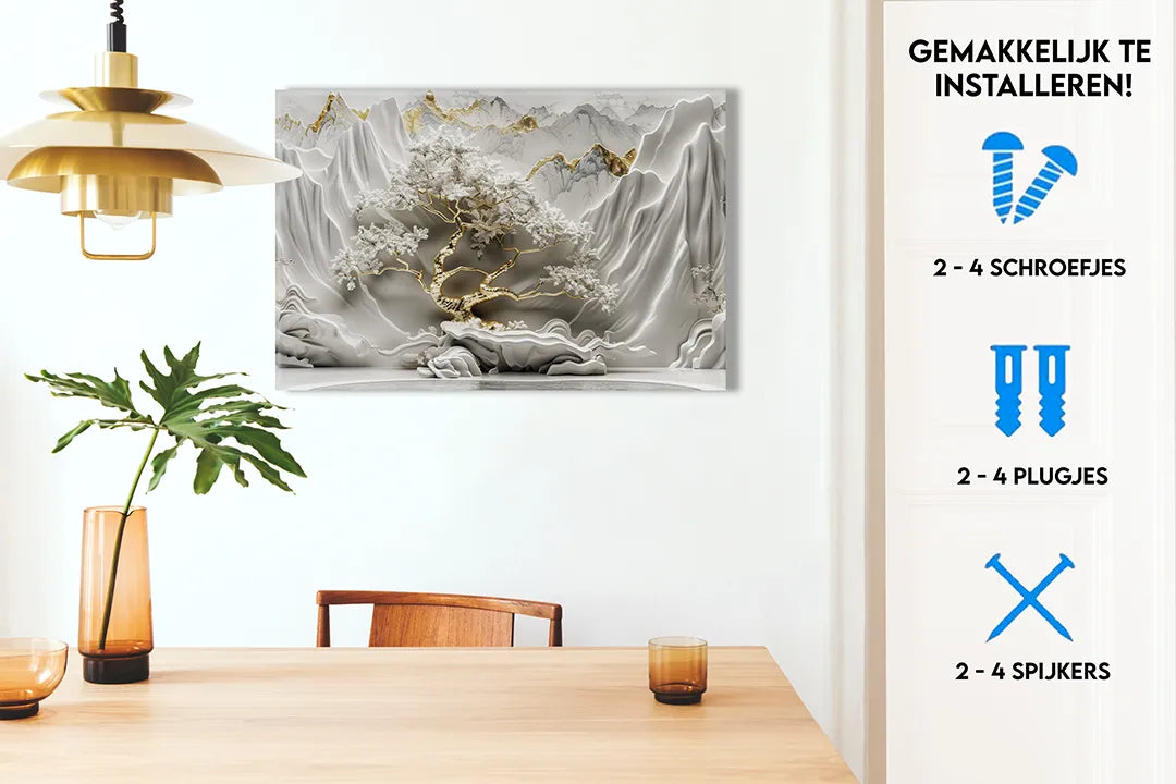 Metalen magneetbord met gouden boom en bergen - droog uitwisbaar & magnetisch
