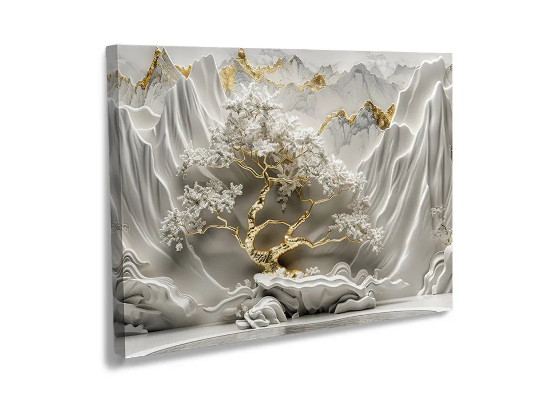 Metalen bord met een gouden boom en bergen, functioneel magneetbord.