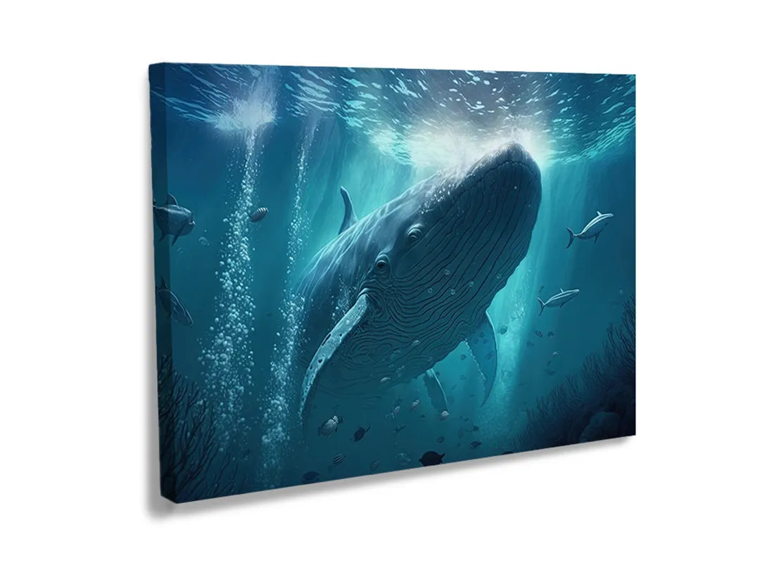 Metalen bord met een prachtige afbeelding van een walvis onderwater.